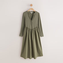 Load image into Gallery viewer, Khaki Green Jersey Woven Mix Waisted Midi Dress
