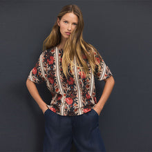 Load image into Gallery viewer, Red Multi Floral Tapestry Stripe Textured Boxy T-Shirt
