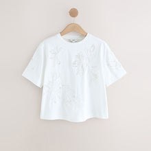 Load image into Gallery viewer, White Floral Print Embellished T-Shirt
