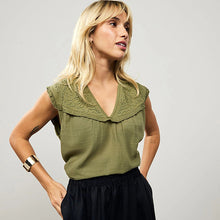 Load image into Gallery viewer, Khaki Green Woven Mix V-Neck Embroidered Frill Sleevless Top
