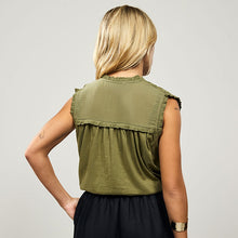 Load image into Gallery viewer, Khaki Green Woven Mix V-Neck Embroidered Frill Sleevless Top
