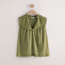 Load image into Gallery viewer, Khaki Green Woven Mix V-Neck Embroidered Frill Sleevless Top
