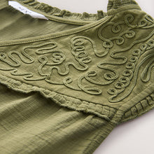 Load image into Gallery viewer, Khaki Green Woven Mix V-Neck Embroidered Frill Sleevless Top
