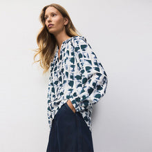 Load image into Gallery viewer, Ecru/Navy Grid Print Long Sleeve V-Neck Blouse
