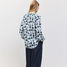 Load image into Gallery viewer, Ecru/Navy Grid Print Long Sleeve V-Neck Blouse
