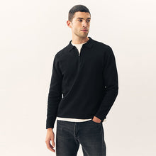Load image into Gallery viewer, Black Zip Neck Regular Fit Premium Mid Weight Long Sleeve Knit Polo Shirt
