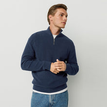 Load image into Gallery viewer, Mid Blue Regular Fit Ribbed Chenille Quarter Zip Jumper
