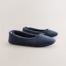 Load image into Gallery viewer, Navy Velour Cord Ballet Slippers
