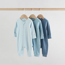 Load image into Gallery viewer, Blue Two Way Zip Footless Baby Sleepsuits 3 Pack (0-18mths)
