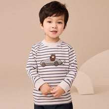 Load image into Gallery viewer, White/Blue Stripe Bear Car Long Sleeve Appliqué T-Shirt (3mths-6yrs)
