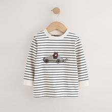 Load image into Gallery viewer, White/Blue Stripe Bear Car Long Sleeve Appliqué T-Shirt (3mths-6yrs)
