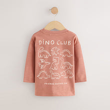 Load image into Gallery viewer, Rust Brown Dinosaur Long Sleeve Back Print T-Shirt (3mths-5yrs)
