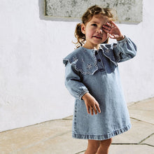 Load image into Gallery viewer, Light Blue Denim Embroidered Collar Dress (3mths-8yrs)
