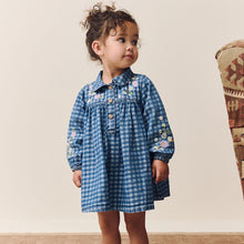 Load image into Gallery viewer, Denim Check Embroidered Long Sleeve Collar Dress (3mths-8yrs)
