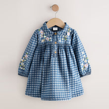 Load image into Gallery viewer, Denim Check Embroidered Long Sleeve Collar Dress (3mths-8yrs)
