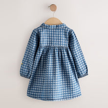Load image into Gallery viewer, Denim Check Embroidered Long Sleeve Collar Dress (3mths-8yrs)
