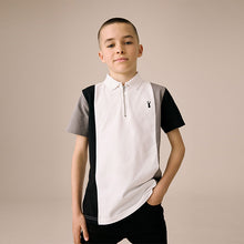 Load image into Gallery viewer, White/Black Cotton Rich Quarter Zip Colourblock Short Sleeve Polo Shirt (3-12yrs)
