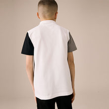 Load image into Gallery viewer, White/Black Cotton Rich Quarter Zip Colourblock Short Sleeve Polo Shirt (3-12yrs)
