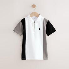 Load image into Gallery viewer, White/Black Cotton Rich Quarter Zip Colourblock Short Sleeve Polo Shirt (3-12yrs)
