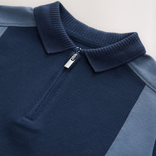 Load image into Gallery viewer, Navy Blue Zip Neck Textured Colourblock Polo Shirt (3-12yrs)
