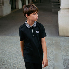Load image into Gallery viewer, Black Geo Collar Zip Neck Polo Shirt (3-12yrs)
