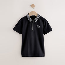 Load image into Gallery viewer, Black Geo Collar Zip Neck Polo Shirt (3-12yrs)
