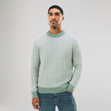 Load image into Gallery viewer, Sage Green Regular Fit Geometric Pattern Textured Crew Jumper with Wool
