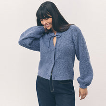 Load image into Gallery viewer, Chambray Blue Tie Neck Heart Button Cardigan
