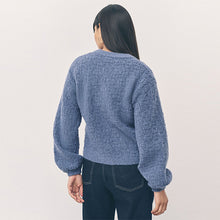 Load image into Gallery viewer, Chambray Blue Tie Neck Heart Button Cardigan

