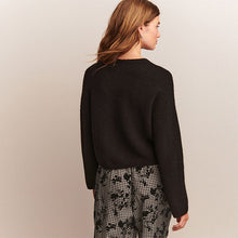 Load image into Gallery viewer, Black Soft Touch Crew Neck Knitted Cardigan With Alpaca

