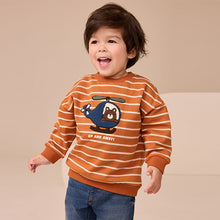 Load image into Gallery viewer, Tan Brown Ecru Stripe Bear All-Over Print Crew Neck Sweatshirt (3mths-6yrs)

