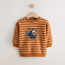 Load image into Gallery viewer, Tan Brown Ecru Stripe Bear All-Over Print Crew Neck Sweatshirt (3mths-6yrs)
