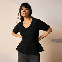 Load image into Gallery viewer, Black Scoop Neck Peplum Knitted Top With Wool
