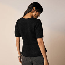 Load image into Gallery viewer, Black Scoop Neck Peplum Knitted Top With Wool
