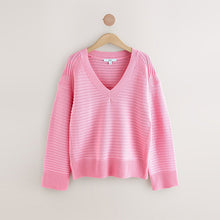 Load image into Gallery viewer, Pink Ribbed V-Neck Knitted Jumper
