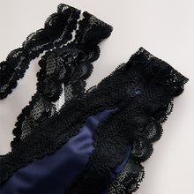 Load image into Gallery viewer, Navy/Champagne High Shine &amp; Lace Trim Brazilian Knickers 2 Pack
