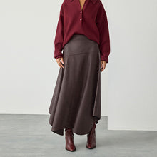 Load image into Gallery viewer, Chocolate Brown Faux Leather Asymetric Hem Midi Skirt
