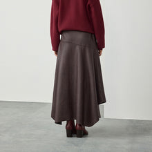 Load image into Gallery viewer, Chocolate Brown Faux Leather Asymetric Hem Midi Skirt
