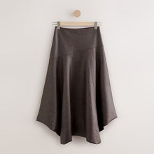 Load image into Gallery viewer, Chocolate Brown Faux Leather Asymetric Hem Midi Skirt
