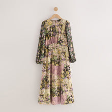 Load image into Gallery viewer, Black/Pink Floral Long Sleeve Midi Dress
