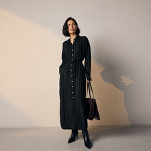 Load image into Gallery viewer, Black Pinstripe Long Sleeve Tie Waist Shirt Dress
