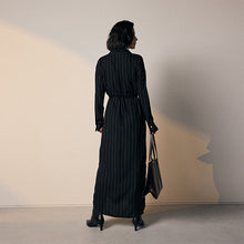 Load image into Gallery viewer, Black Pinstripe Long Sleeve Tie Waist Shirt Dress
