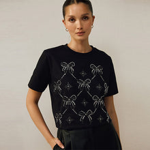 Load image into Gallery viewer, Black Embelished Bow Crew Neck T-Shirt
