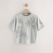 Load image into Gallery viewer, Grey Floral Print Embellished T-Shirt
