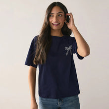 Load image into Gallery viewer, Navy Short Sleeve Embellished Bow T-Shirt
