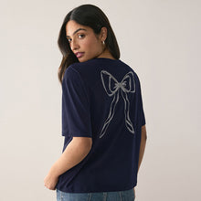 Load image into Gallery viewer, Navy Short Sleeve Embellished Bow T-Shirt
