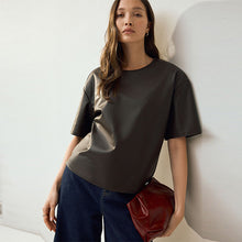 Load image into Gallery viewer, Chocolate Brown Faux Leather Short Sleeve T-Shirt
