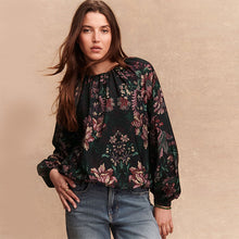 Load image into Gallery viewer, Black Floral Print Long Sleeve Bubble Hem Top
