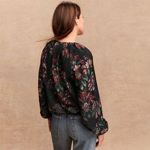 Load image into Gallery viewer, Black Floral Print Long Sleeve Bubble Hem Top
