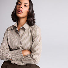 Load image into Gallery viewer, Mocha Brown Stripe Fitted Stretch Essential Long Sleeve Shirt
